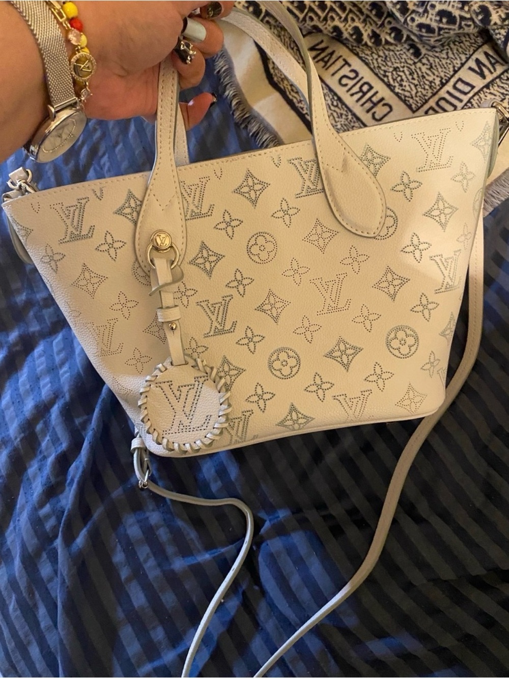Designer Inspired White Perforated Monogram Tote